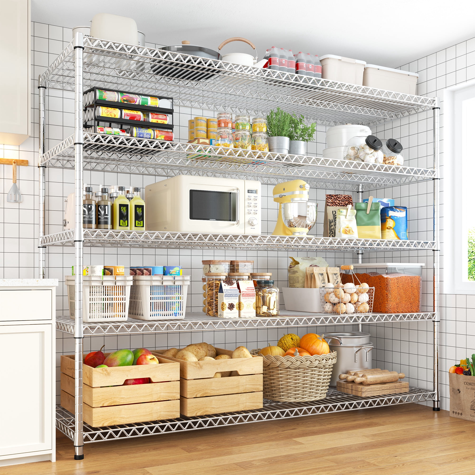 REIBII 55.5"W Wire Shelving 5 Tier Adjustable Metal Storage Shelves for Garage Pantry Kitchen, 18"D x 71"H,3200lbs Capacity,Silver