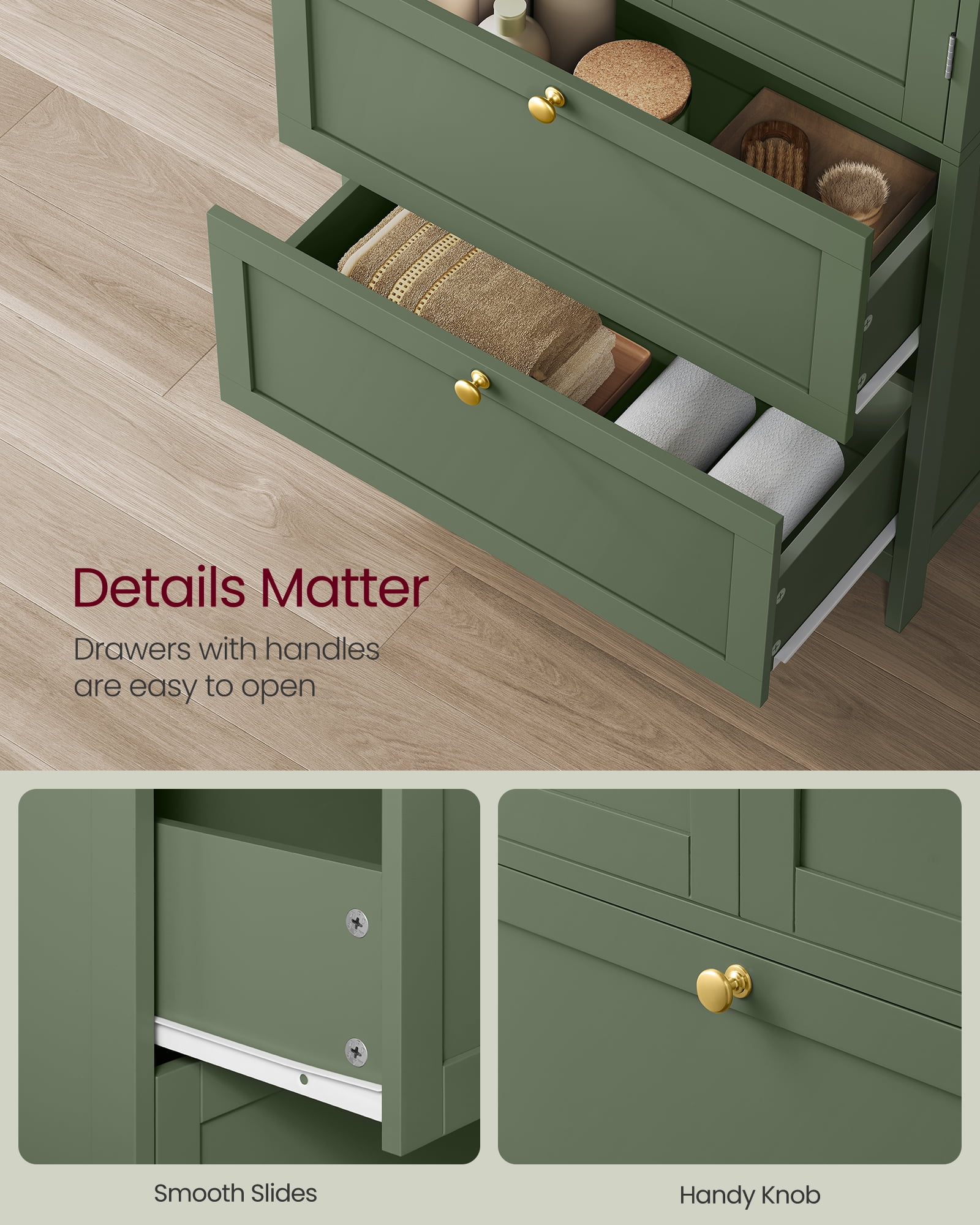 Floor Storage Cabinet,  Storage Unit, Freestanding  Cabinet with 2 Drawers and 2 Doors, Adjustable Shelf, 11.8 x 23.6 x 43.3 Inches, Forest Green