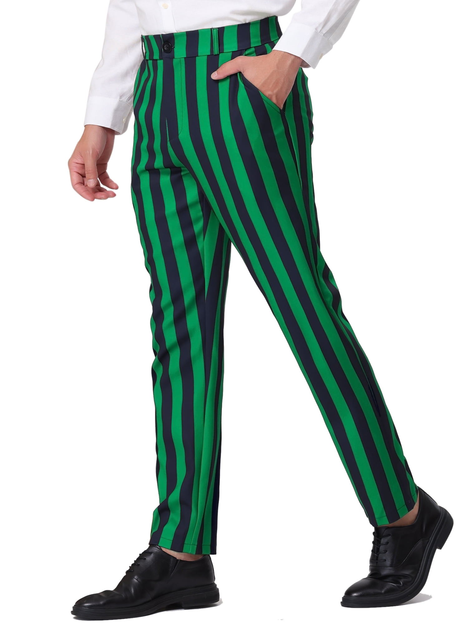 Unique Bargains Men's Striped Pant Classic Fit Flat Front Business Trousers 34 Green Black