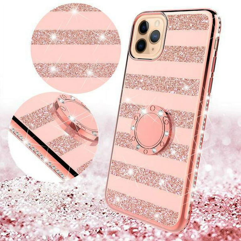 Apple iPhone 11 Pro Max Case for Girl Women, Glitter Cute Girly Ring  Kickstand Diamond Rhinestone Bumper Pink Clear Shock Proof Protective Phone Case  iPhone 11 Pro Max 6.5inch - Rose Gold 