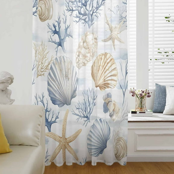 Coastal Blue Semi Sheer Curtains Drapes for Living Room, Bedroom, French Doors Window 84 Inches Long, Coral Starfish Seashells Beach Summer Rod Pocket Chiffon Curtain Drapery Voile Draperies Panel