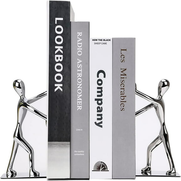 MerryNine Metal Bookends 2pcs, Stainless Steel Book Ends for Shelves, Rust-Proof Decorative Bookends for Heavy Books, Book Holder Dividers for Shelves, Book Stopper for Desk Shelf Office Home School