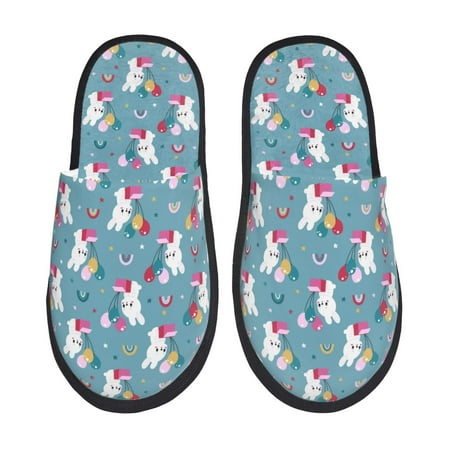 

Qekee Rabbit And Rainbow print Slippers for Women and Men Fluffy Cute Cozy House Slipper Funny Furry Bedroom Slippers for Women Indoor -Medium