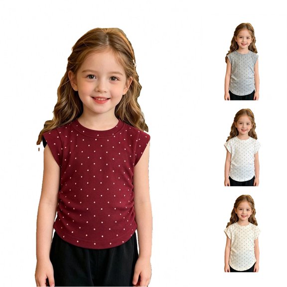 CUZIBR Girls Tops Polka Dot Short Sleeve T Shirt Ruched Lightweight Comfortable Toddler Round Neck Summer Basic Tee,Brick Red,18-24 Months
