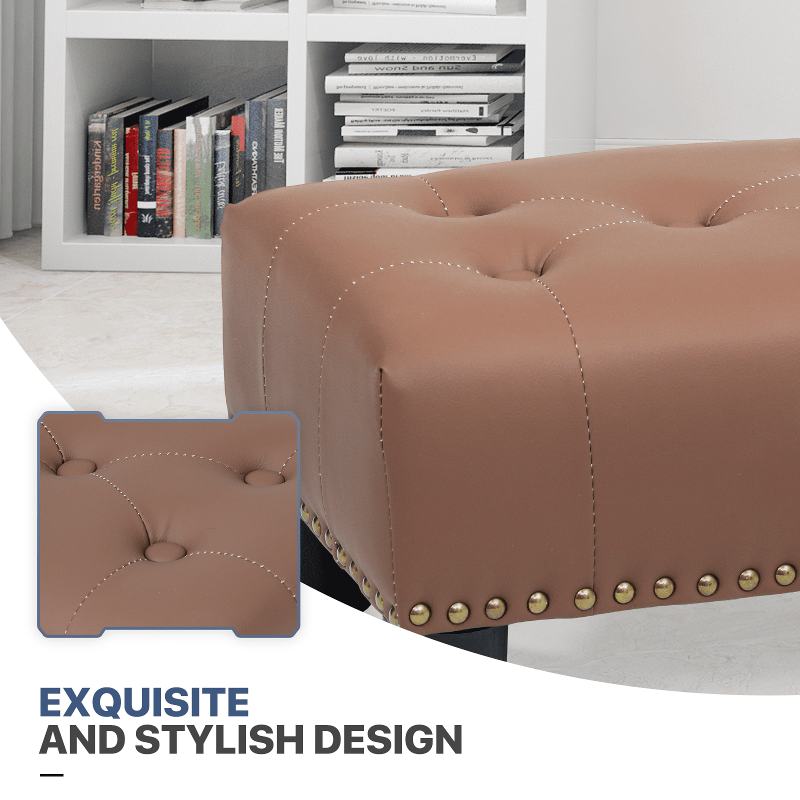 MoNiBloom Footstool Ottoman with Padded Seat, Modern PU Leather Footrest, Rectangular Seat Stool, Brown