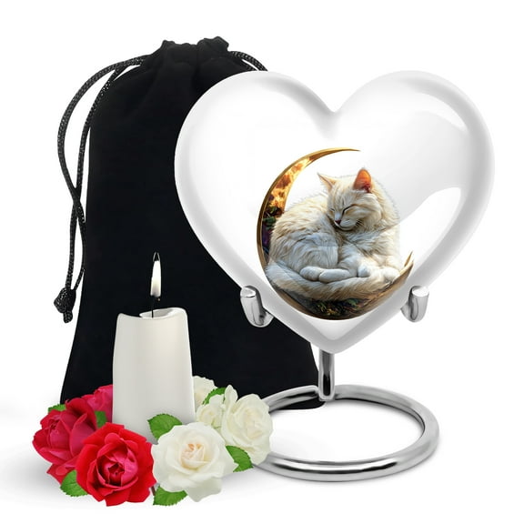 Yatskia White Cat Memorial Burial Urns for Human Ashes Adult Man, Decorative Cremation Urn for Ashes for Women, (Heart Large, 8 Inch)