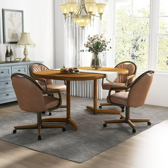 Chromcraft 5-Piece Expandable Dining Table Set with Swivel-Tilt Rolling Chairs, Ivanhoe NPL Finish, Cognac Seats