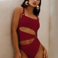 thumbnail image 2 of Traje de baño de 1 pieza para mujer, cuello cuadrado, correa fina recortada, calzoncillos de cintura alta, almohadilla de sujetador extraíble, traje de baño elástico rojo L, 2 of 5