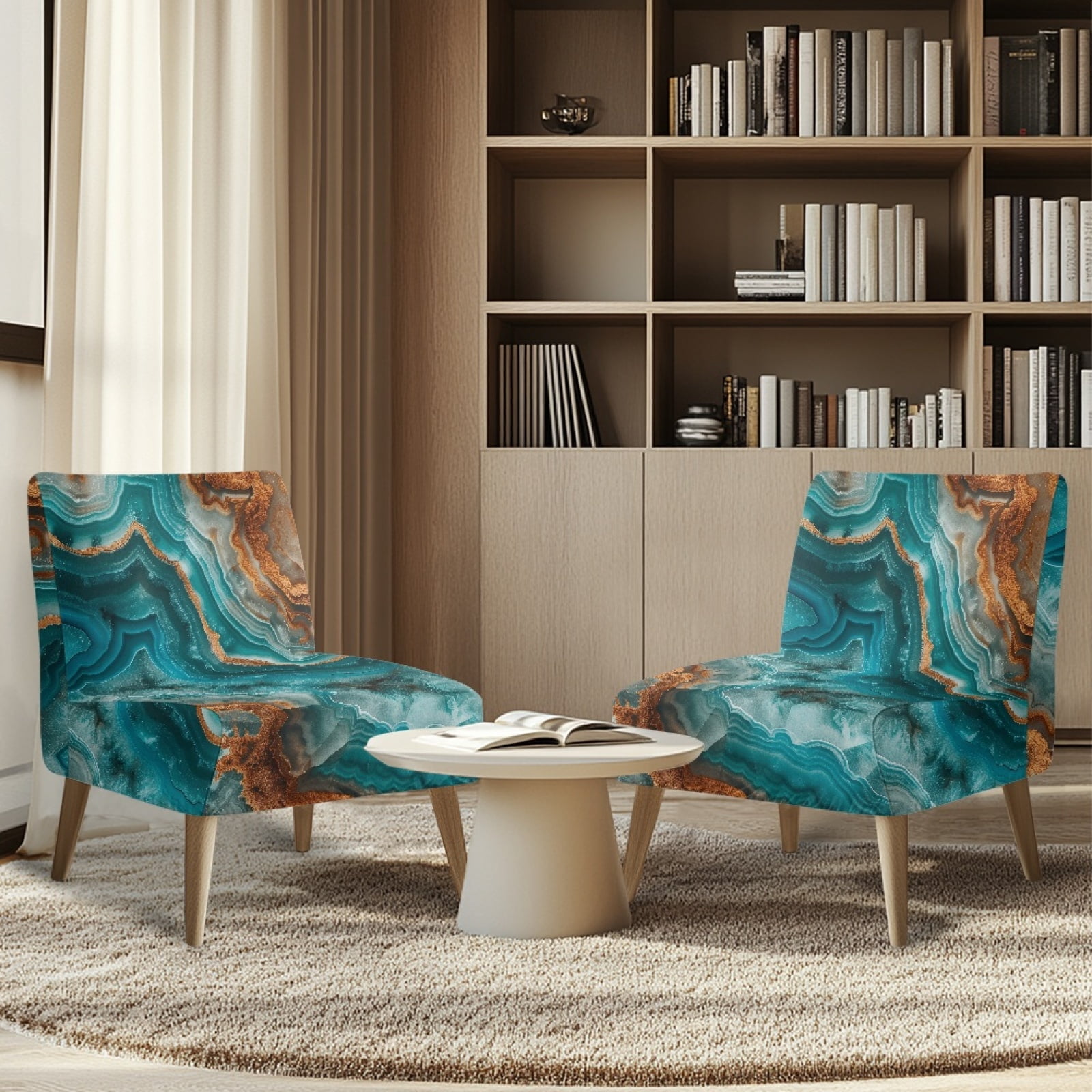ZIATUBLES Small Armless Slipper Accent Chair Cover Slipcover Stretch Non-Slip Armless Couch Cover Washable Modern Sofa Furniture Protector Cover for Living Room, Blue Brown Marble