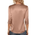 thumbnail image 5 of Womens Silk Satin Tops 3/4 Length Sleeve Shirts Round Neck Loose Casual Blouses Business Work Dressy Tshirts Outfits Khaki 2XL, 5 of 6
