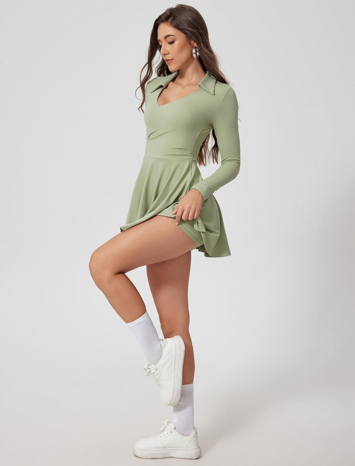 PISONIC Womens Tennis Dress Polo Collar Long Sleeve A-line Mini Exercise Athletic Dresses with Pockets Shorts