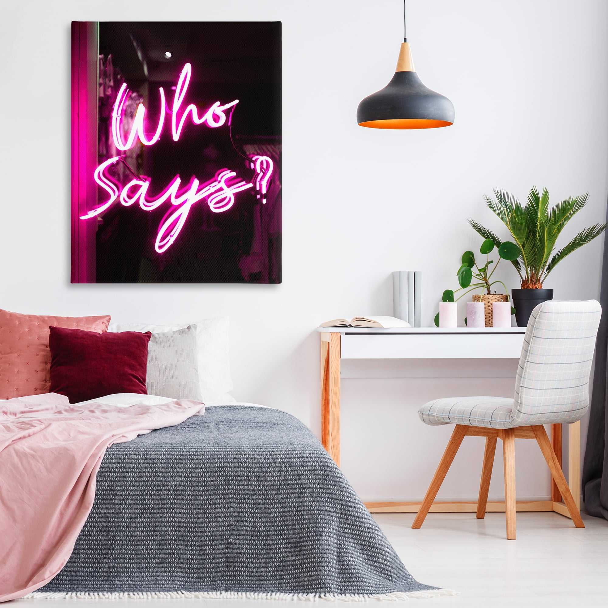 Stupell Industries Pink Neon Who Says Typography Painting Gallery Wrapped Canvas Art Print Wall Art, 36 x 48