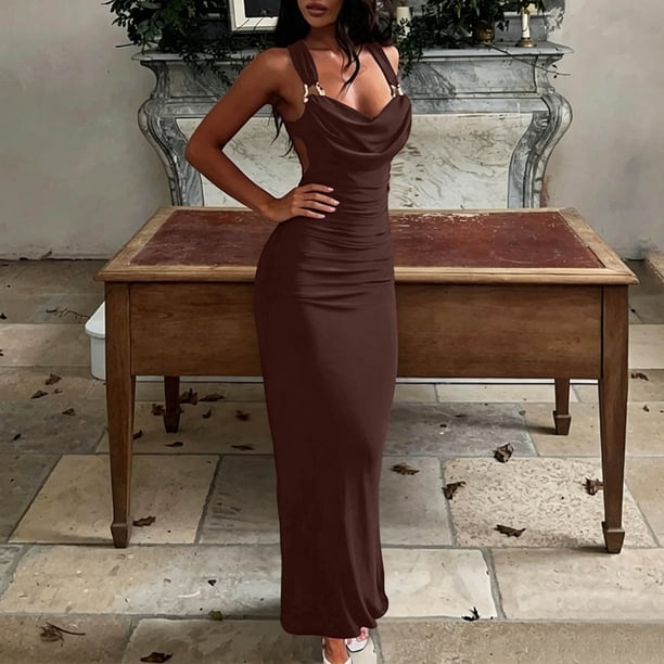 Women's Summer Bodycon Maxi Dress Spaghetti Strap Ruched Backless Tie Back Long Dress Solid Color form-Fitting Party Clubwear Coffee M(M)
