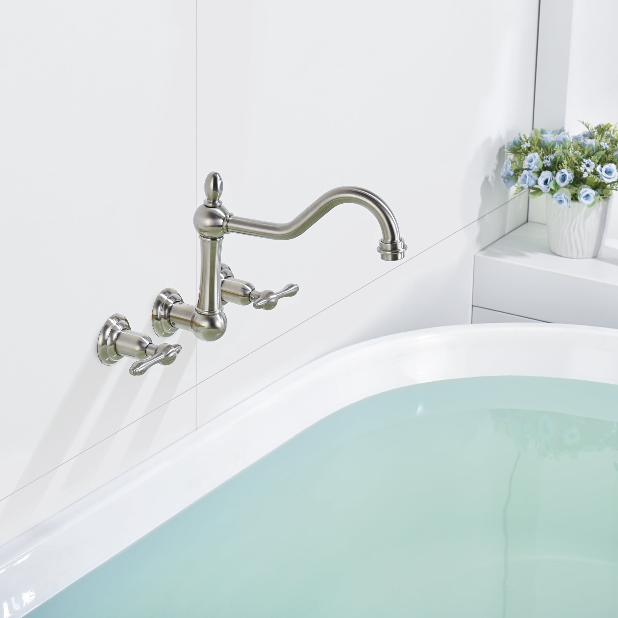 sumerain Wall Mount Bathtub Faucet Brushed Nickel Tub Filler, 8 Inches Center