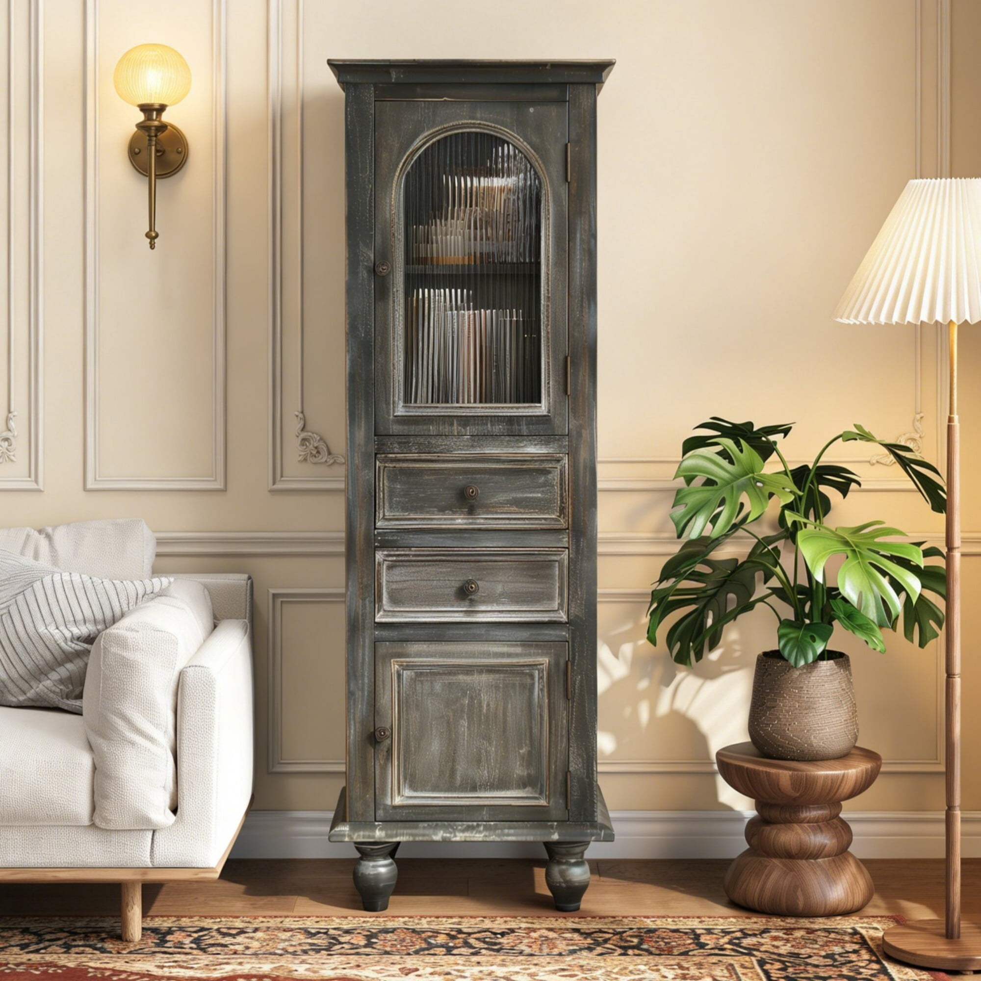 AENKYO 59" Tall Farmhouse Storage Cabinet, Rustic Wood Accent Chest w/ Reeded Glass Door & 2 Drawers, Antique Gray