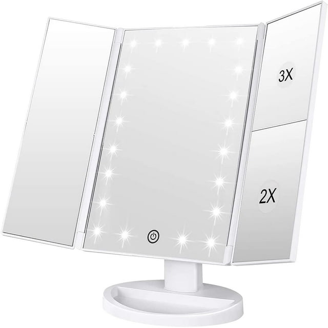 Lighted Makeup Mirror Trifold Vanity Mirror with X/X/X Magnification Natural LED Nights and Touch Screen Batteries and USB Power Supply Adjustable Tabletop Cosmetic Mirror (