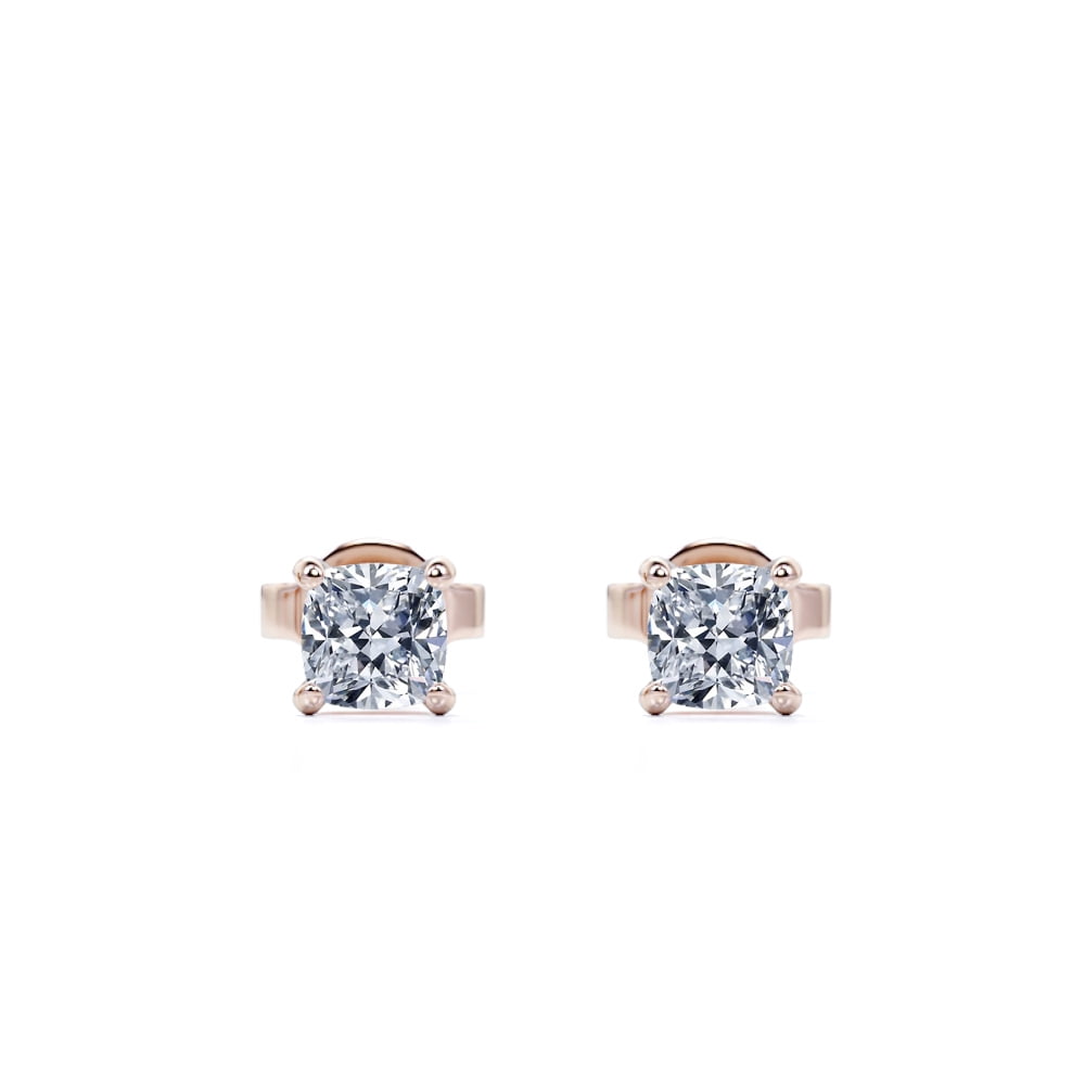 4 Prong - 0.58 Carat Cushion Cut Diamond - Solitaire Stud Earrings - 18K Rose Gold Plating Over Silver