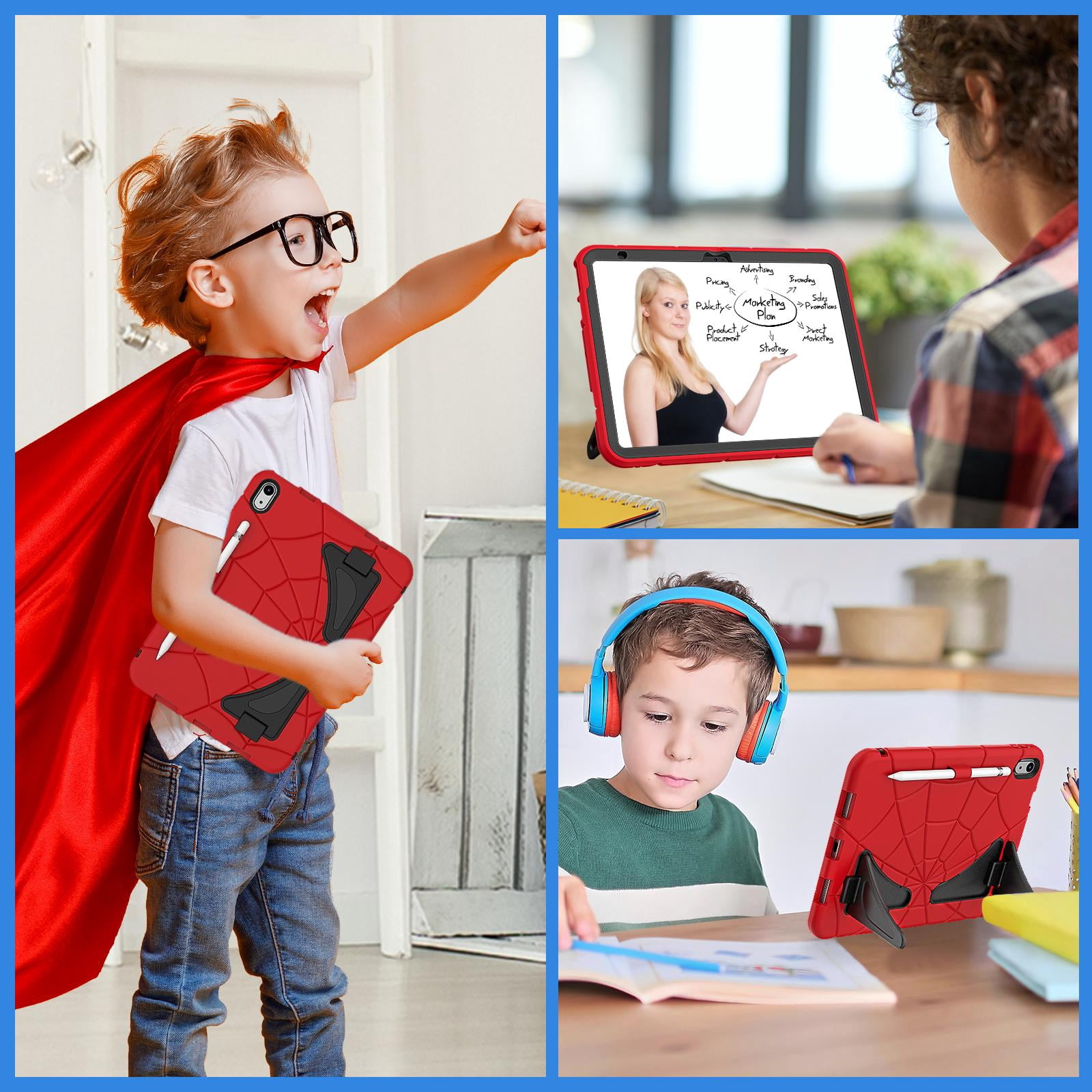for 2022 10.9 inch iPad 10 th Generation Case with Pencil Holder & Stand, Handle Design Heavy Duty Shockproof Rugged 10.9" 10 Gen Cover for Kids Boy Children, Red+Black