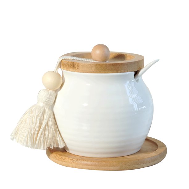 Sugarero SDALI HOME de cerámica blanca con tapa de bambú, 350 ml