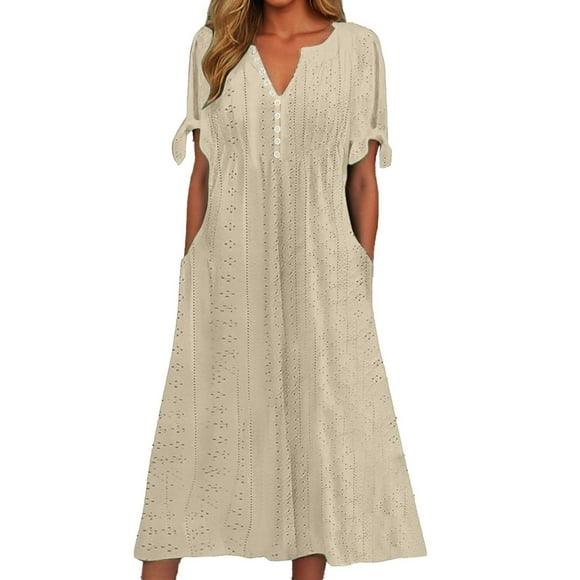 Women Solid Dress With Cut Out V Neck Sexy Lace Frilly Long Dress