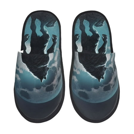 Balery Moon Wolf Warrior Slient Indoor Furry Fleece Comfort House Shoes Soft Non-Slip Home Shoes Cotton slippers House Slippers-- Medium