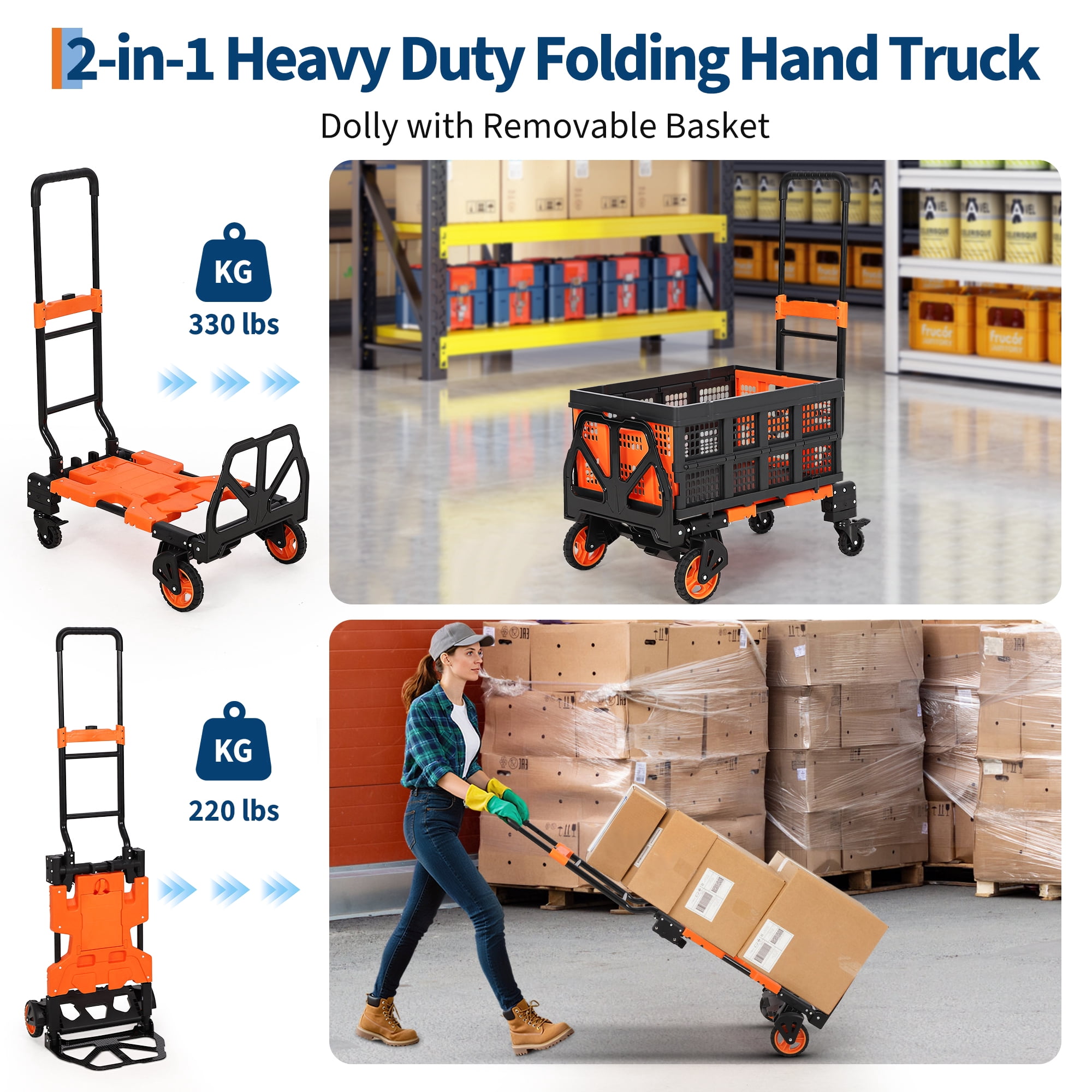 2-in-1 Folding Hand Truck, Convertible Utility Dolly Cart with Collapsible Basket & Bungee Cord