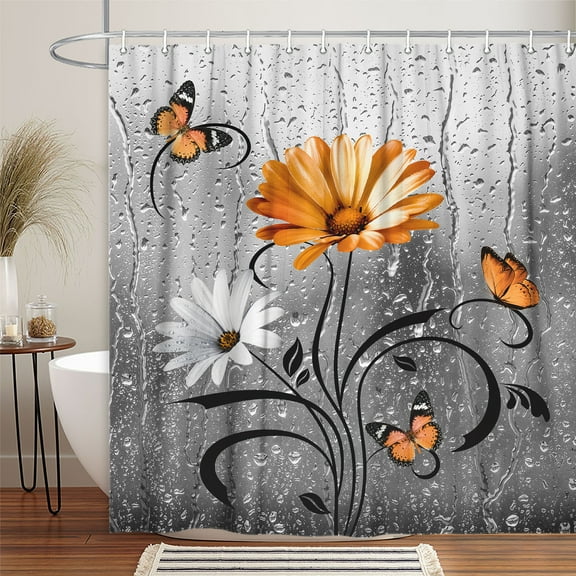Rustic Orange Floral Boho Shower Curtain, Country Farmhouse Daisy Flowers and Butterfly Fall Shower Curtain for Bathroom, Grey Gray White Surreal Floral Autumn Bathroom Curtain with Hooks, 70X70IN