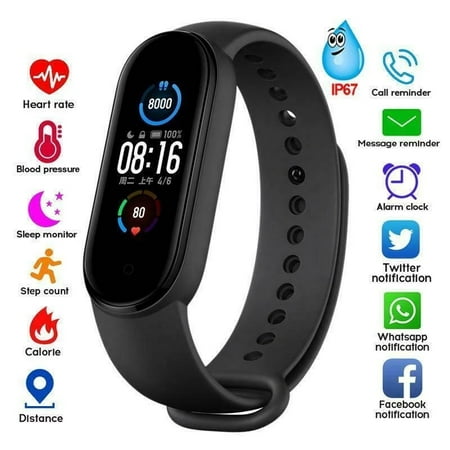 LNKOO M5 Health Bracelet Heart Rate Blood Pressure Smart Band Fitness Tracker Smartband Wristband for Smart Band 5 Smart Watch Black