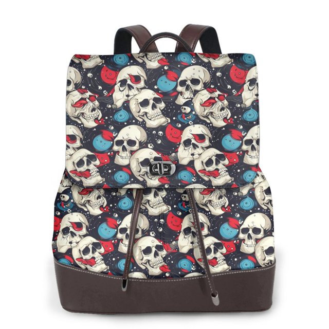 Balery rock record Skull artist Mochila de Cuero para Mujeres, Gran Capacidad, Bolsa de Viaje Multifuncional, Mochila de Cuero y Bolsa de Hombro para Mujeres