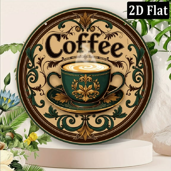 1pc Vintage Coffee-Themed 8*8inch Aluminum Round Sign - 2D Flat Print, Ornate Teal & Golden Design, Perfect for Kitchen, Office, or Cafe Decor, Wall-Mounted, No Power Needed, Cafe Wall De