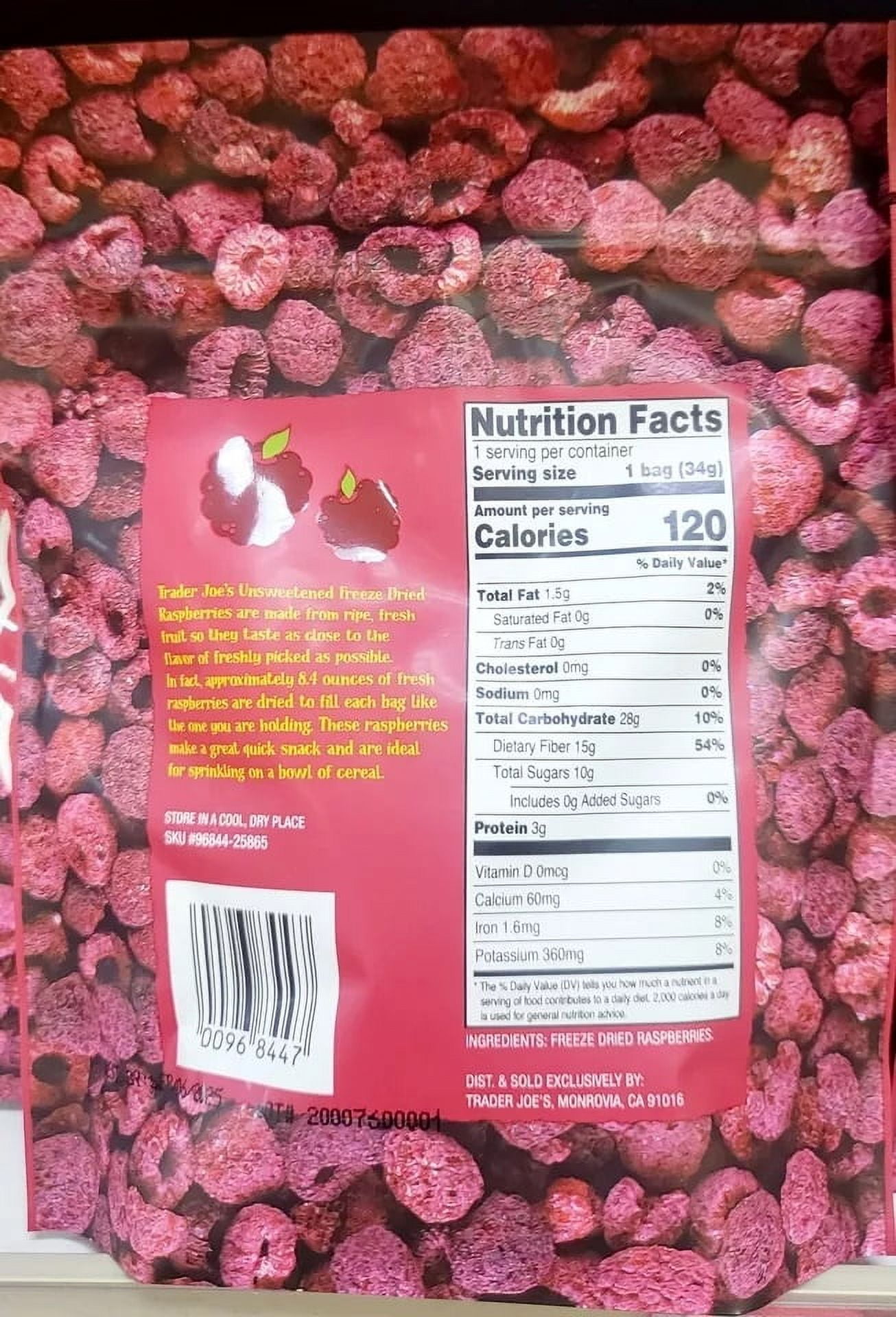 Trader Joe’s Freeze Dried Fruit RASPBERRY - Unsweetened & Unsultared, 6 Pack, 0.449 Lb