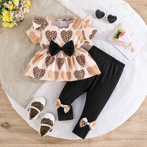 HAYIMI Kids Valentine's Day Outfit Sets Baby Girls Heart Leopard Print Bow Tops With Wide Leg Pants Summer Two Piece Relaxed Fit Child O-Neck Clothes Sets