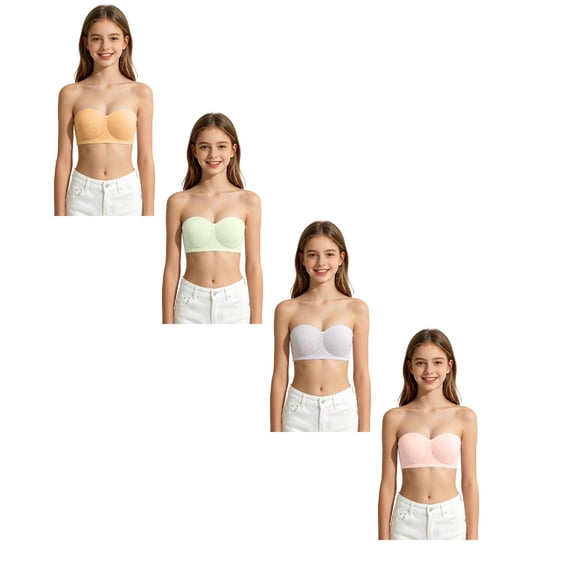 CAIXIA 4pack Girls Strapless Bra for Teens Bandeau Bras with Clear Straps Wireless Girl Training Bra