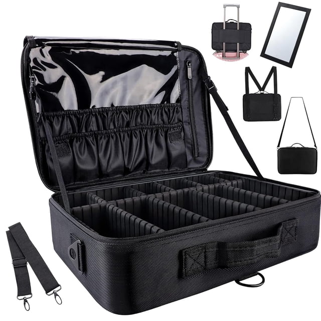 XL Grande Estuche de Maquillaje de Viaje 3 Capas - Con Espejo, 41x30x13cm Bolsa de Cosmético Impermeable con Divisor Ajustable, Gran Capacidad Organizador de Maquillaje Impermeable (Grande