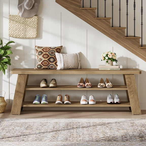 3-Tier Entryway Shoe Bench with Storage Shelves, Wooden Seating Bench for Bedroom, Hallway, Mudroom & Living Room