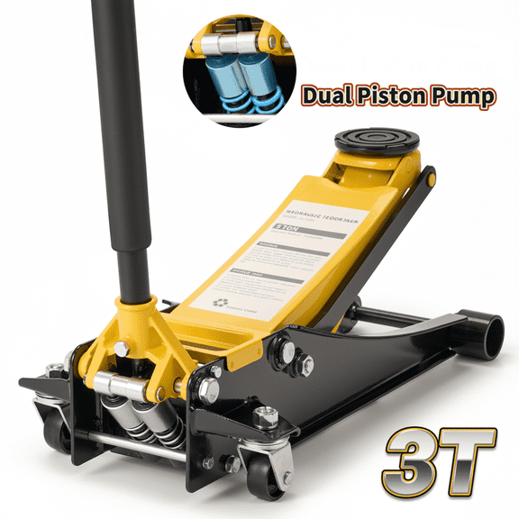 Naipo 3 Ton Low Profile Floor Jack, Dual Piston Hydraulic Pump, Heavy Duty All Steel Construction, Lifting Range 2.8"-19.7", Use for Car, SUV, Mini RV, Light Truck, Yellow