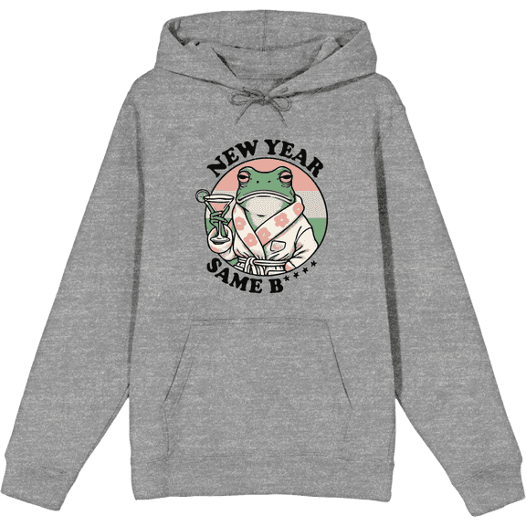 New Year, Same B**** Frog With Cocktail Adult Heather Gray Long Sleeve Hoodie-XL