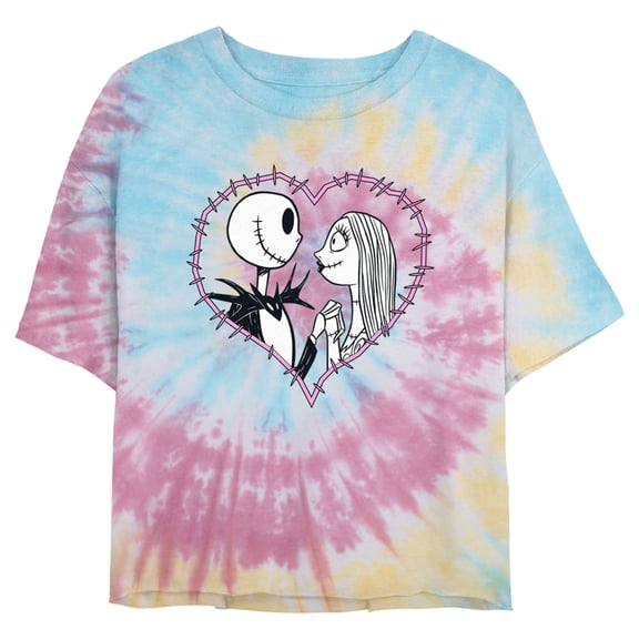 Juniors' The Nightmare Before Christmas Jack and Sally Couple Heart Stitch Graphic Cropped T-Shirt Blue/Pink/Light Yellow Medium