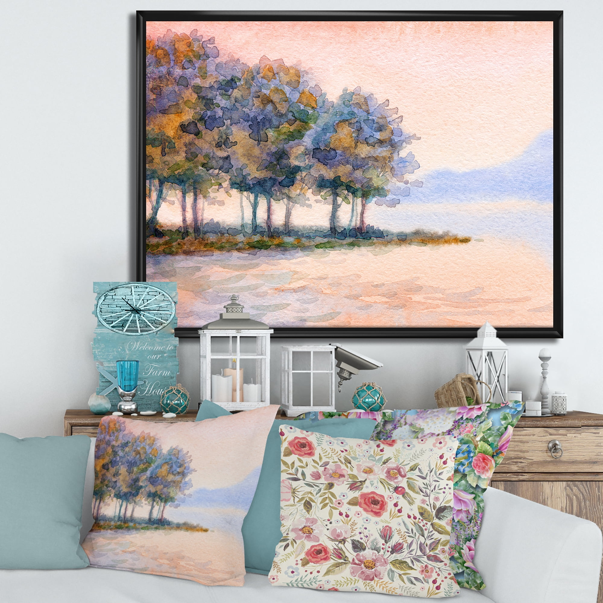 Designart 'The Rural Lake In Sunset Evening II' Traditional Framed Canvas Wall Art Print