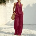 thumbnail image 6 of Sewkxo Womens Linen 2 Piece Sets Fashion Sleeveless V Neck Halter Top Matching Baggy Wide Leg Pants Set Summer Casual Outfits,Wine L, 6 of 9