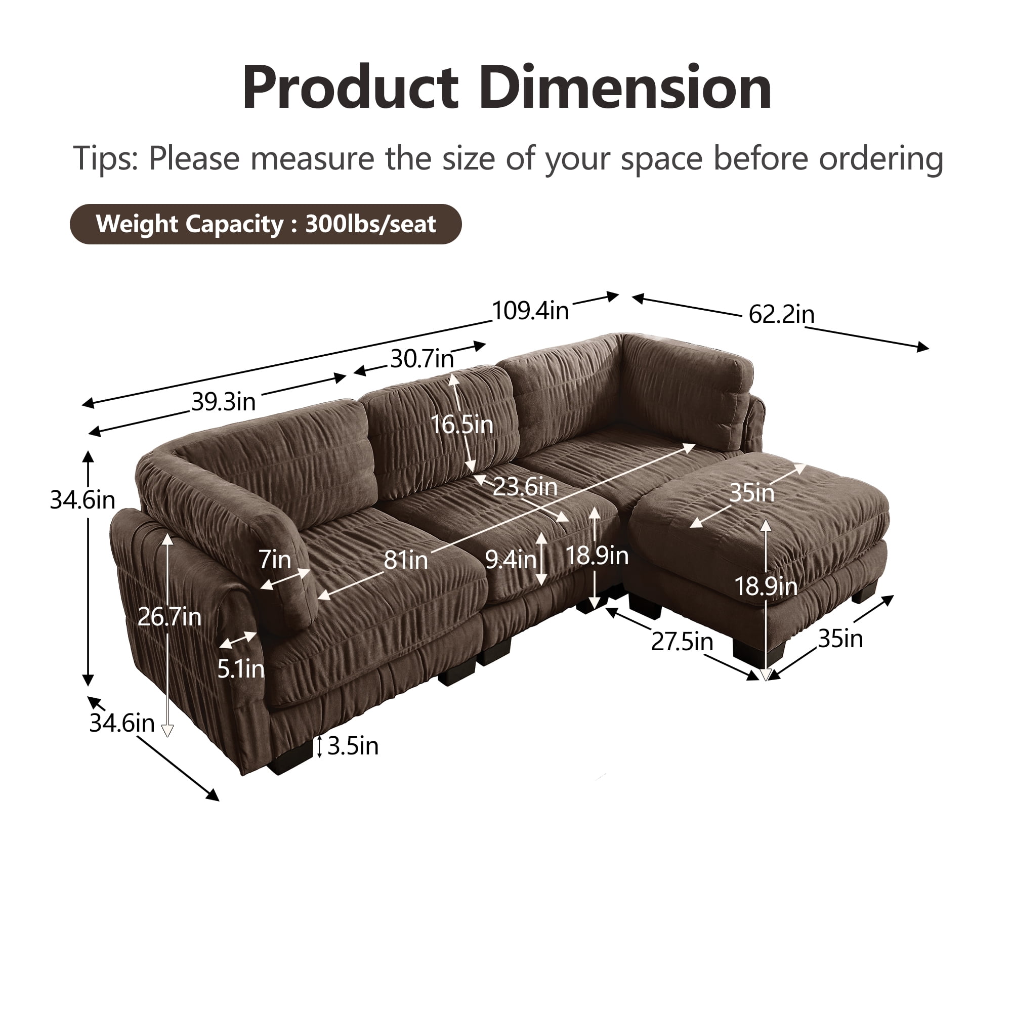 109" L Shape 3 Seat Chenille Modular Sectional Sofa with Movable Ottoman and L Shape Back Cushions