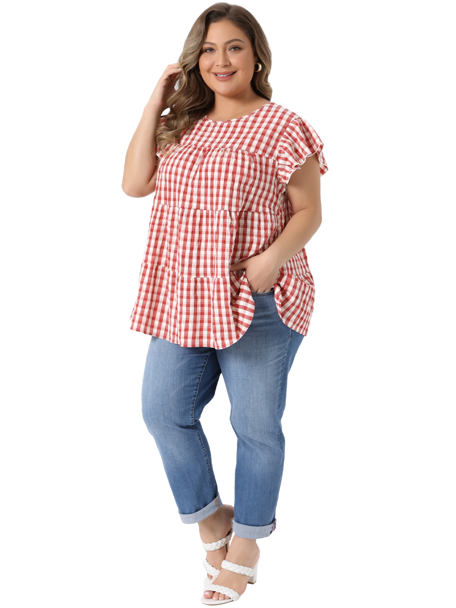 Women's Plus Women's Gingham Top 1950s Crew Neck Flare Short Sleeve Blouse 4X Red