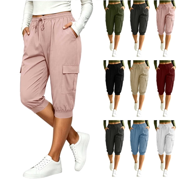 Bloomae Womens Capri Cargo Joggers with Pockets Drawstring Elastic High Waist Golf Pants Trendy Vacation Travel Cruise Hawaii Beach Resort Wear Jogger Short Pants