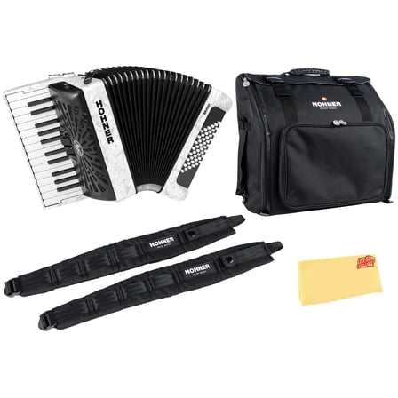 Hohner Bravo II 48 Chromatic Piano Key Accordion - White Bundle with Gig Bag, Adjustable Straps, and Austin Bazaar Polishing Cloth
