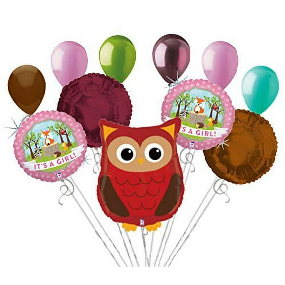 11pc Woodland Owl It's a Baby Girl Animals Balloon Bouquet Party Decoration Wood