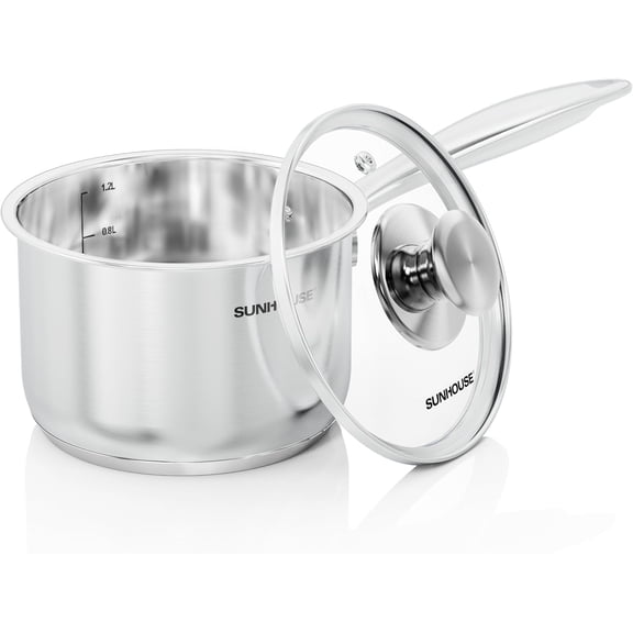 SUNHOUSE Stainless Steel Sauce Pan with Lid 1.5 Quart, Induction, Oven Broiler Safe 600F, Multipurpose, Compatible w/ All Cooktops