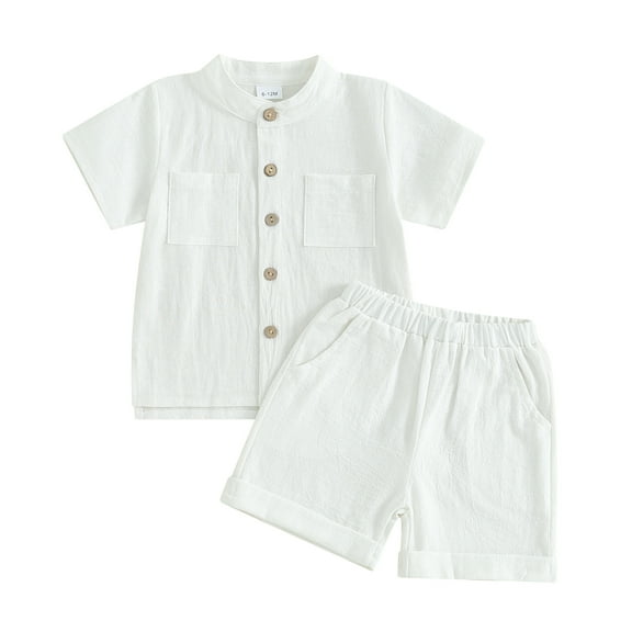 Musuos Kids Boys Summer Linen Outfits 6Months-5 Years Solid Color Short Sleeve Shirt and Elastic Waist Shorts 2Pcs Casual Toddler Set