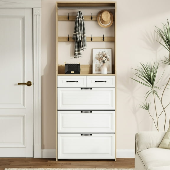 3-door 2 Shoe Cabinet With Hanger, New Oak Color - Spacious Storage, , White Finish , American Antique Style For Living Space 3 Doors, 2 Drawers, Elegant Design