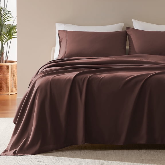 Sleep Zone Nanotex Super Soft Cooling King Bed Sheets Set 4 Piece - Easy Care Fitted Flat Sheet & Pillowcase Sets - Wrinkle Free, Fade Resistant, Deep Pocket 16" (Brown, King)