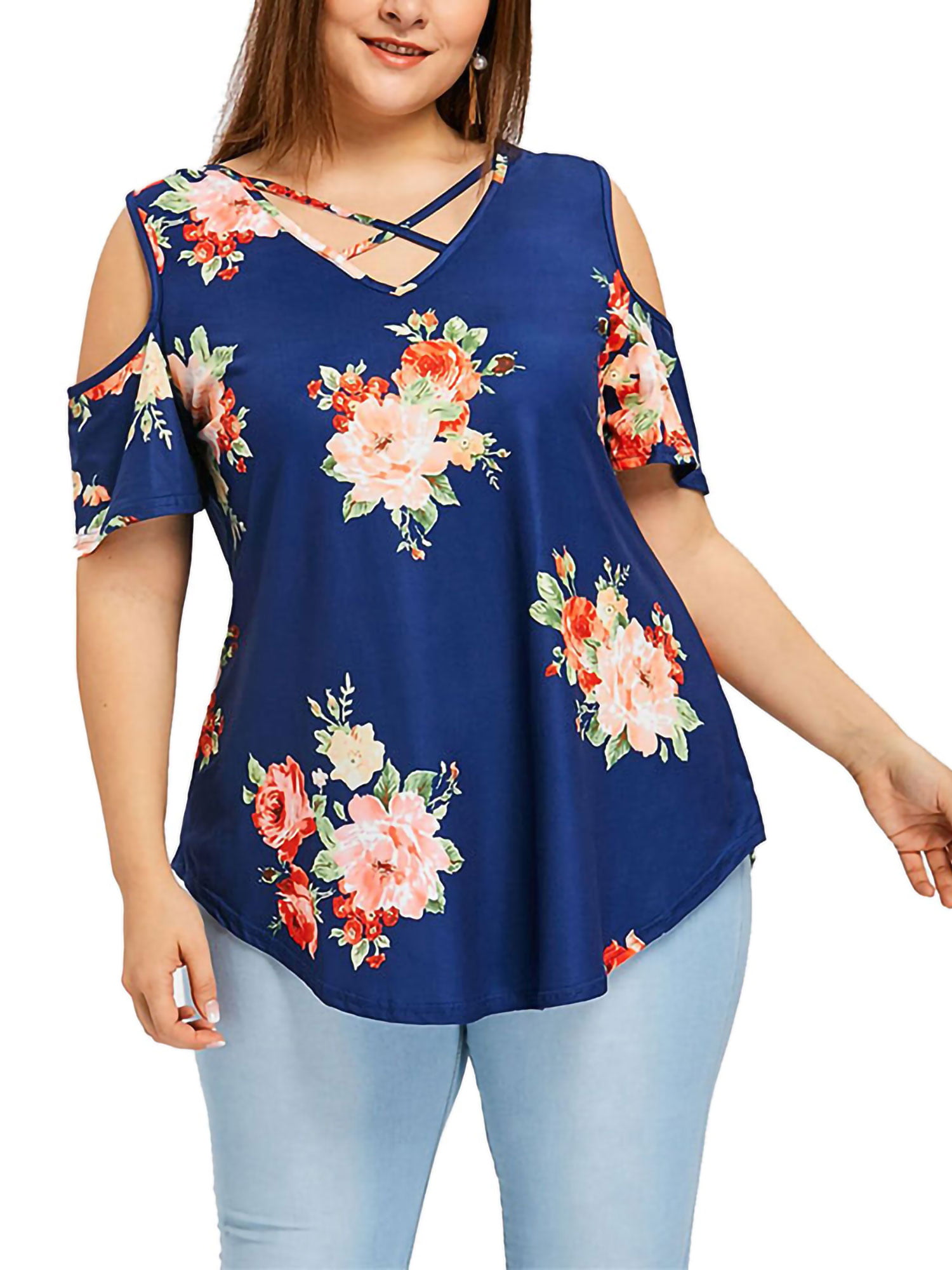 Women Floral Top T-Shirt Ladies Loose Casual Short Sleeve Tunic Blouse Plus Size